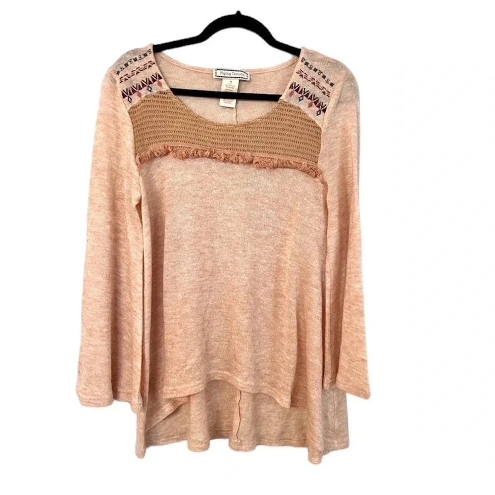 Flying Tomato Women's Boho Peach Long Bell Sleeve High/Low Tunic Top Size M GUC